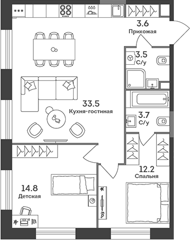 3-комн., 71.3 м², 25/37 этаж, ЖК «ЭРА»