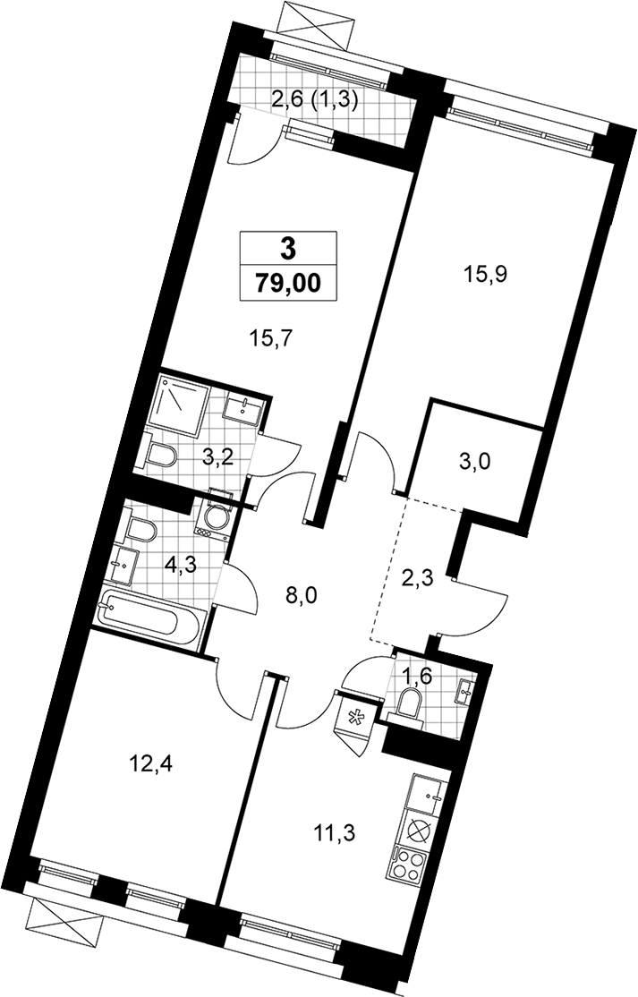 3-комн., 77.7 м², 12/14 этаж, ЖК «Прокшино»