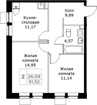 2-комн., 51.52 м², 24/25 этаж, ЖК «КИТ»