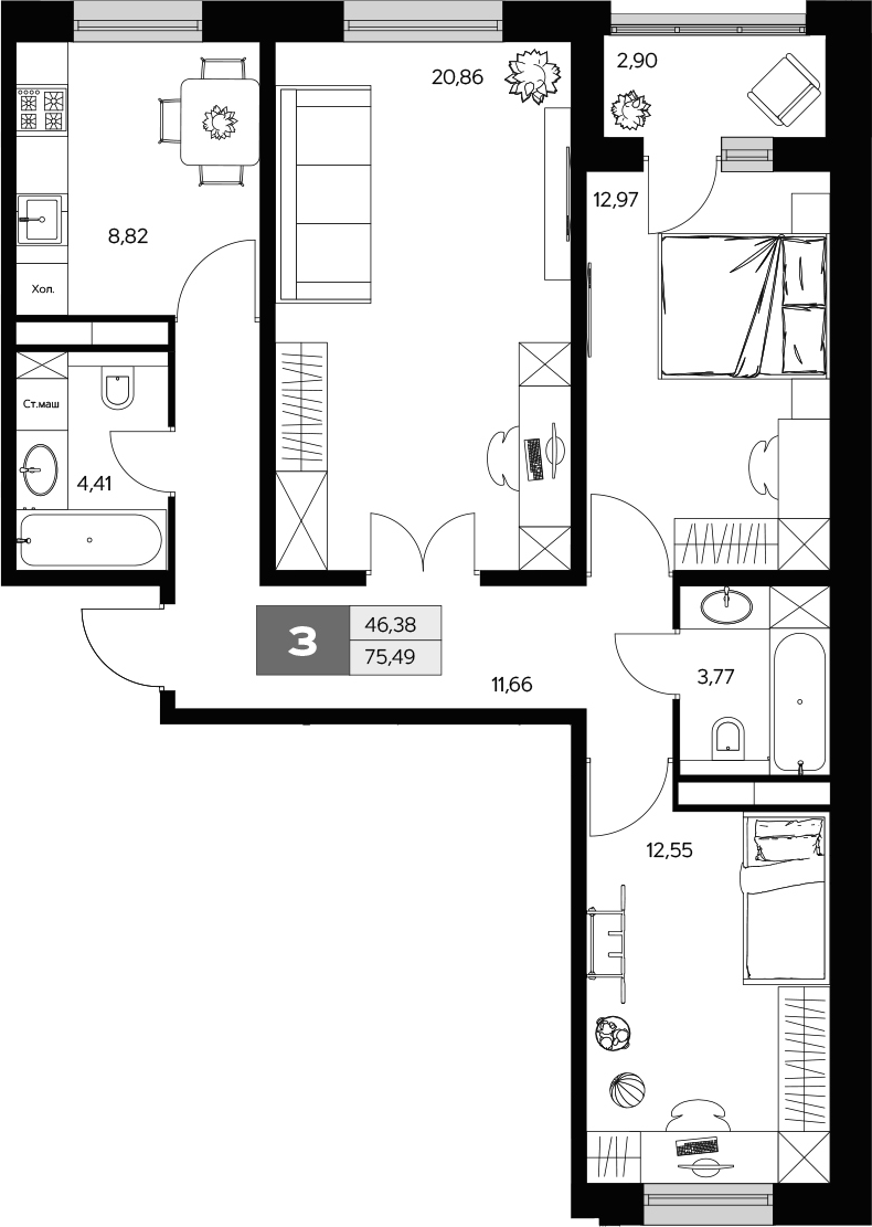 3-комн., 75.04 м², 2/9 этаж, ЖК «Ласточкино»