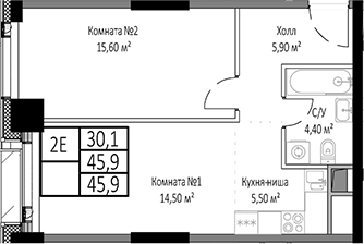 2-комн., 45.9 м², 14/33 этаж, ЖК «Мираполис»