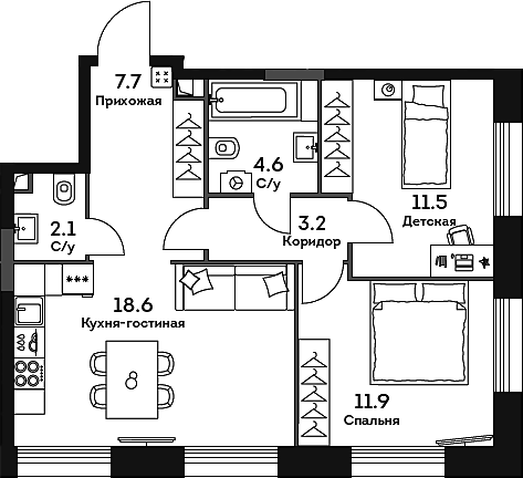 3-комн., 59.6 м², 19/32 этаж, ЖК «ЭРА»