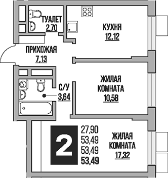 2-комн., 53.49 м², 5/8 этаж, ЖК «Гранель Живописный»