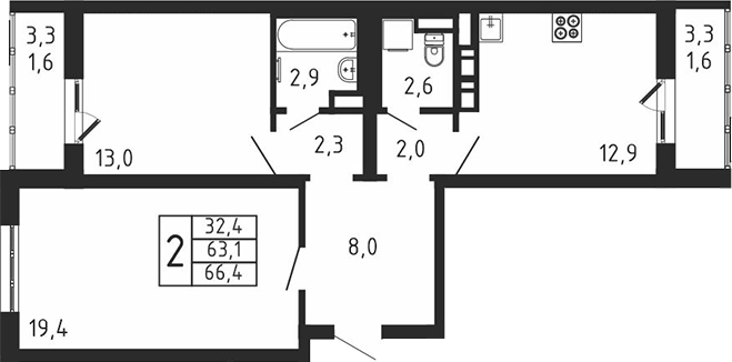 2-комн., 63.2 м², 7/9 этаж, ЖК «Пироговская ривьера. Мытищи»
