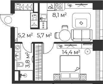 2-комн., 36.15 м², 41/71 этаж, ЖК «Веер»