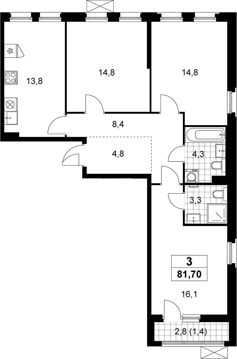 3-комн., 80.3 м², 4/10 этаж, ЖК «Прокшино»