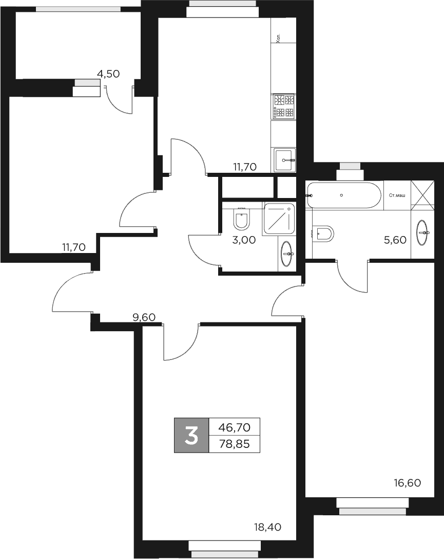 3-комн., 76.6 м², 8/17 этаж, ЖК «Восток 2»