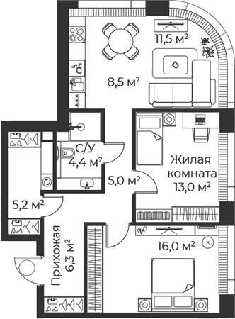 3-комн., 69.9 м², 30/38 этаж, ЖК «Веер»