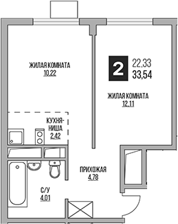 2-комн., 33.54 м², 13/14 этаж, ЖК «Гранель Аникеевский»