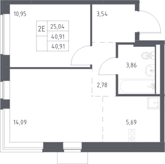 2-комн., 40.91 м², 11/13 этаж, ЖК «Новое Видное»