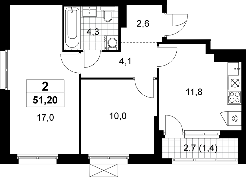 2-комн., 49.8 м², 12/16 этаж, ЖК «Прокшино»