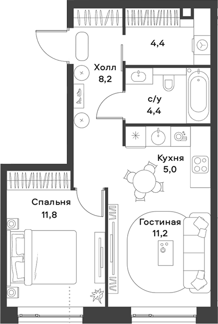 2-комн., 45 м², 14/28 этаж, ЖК «АЛИА»