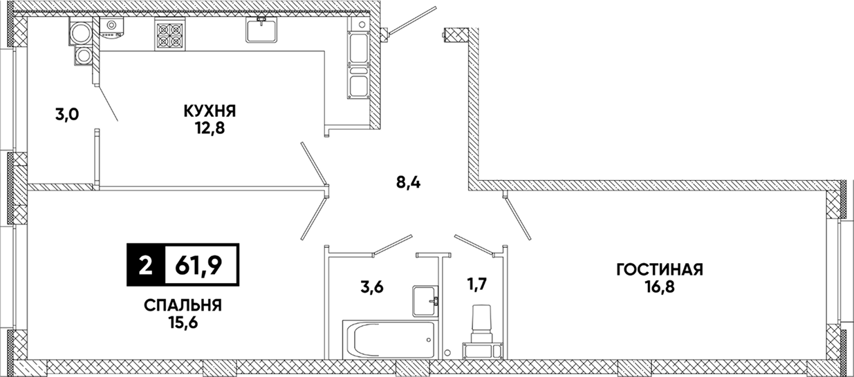 2-комн., 58.8 м², 16/16 этаж, ЖК «Кварталы 17/77»