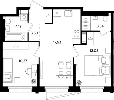 3-комн., 50.94 м², 4/18 этаж, ЖК «Парк Победы 3»