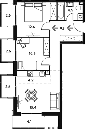 3-комн., 55.1 м², 19/23 этаж, ЖК «Аквилон Сигнал»