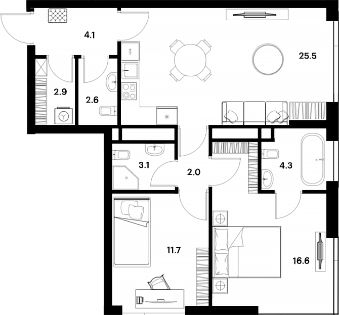 3-комн., 73.9 м², 21/28 этаж, ЖК «АЛИА»