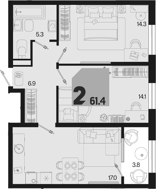 2-комн., 57.6 м², 2/18 этаж, ЖК «Первое место» — фото 2