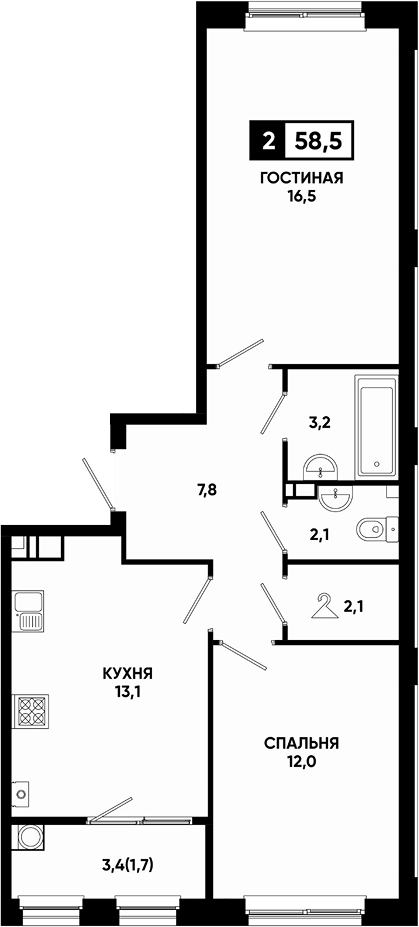 2-комн., 56.8 м², 2/8 этаж, ЖК «Резиденция Софи»