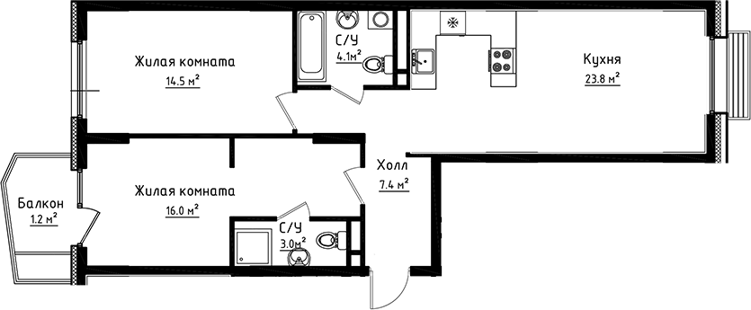 2-комн., 68.8 м², 3/6 этаж, ЖК «Коллекция»