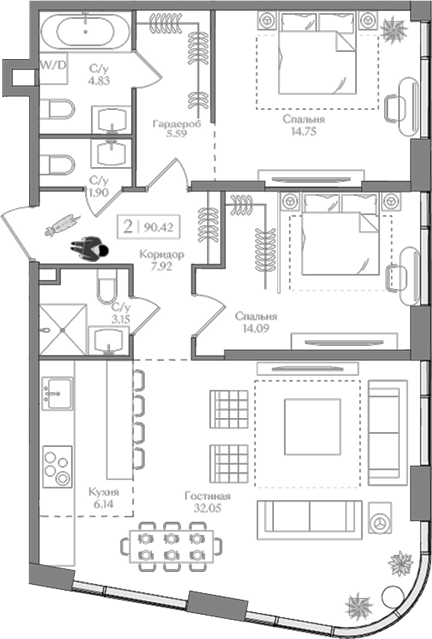 3-комн., 90.42 м², 6/16 этаж, ЖК «Преображенская площадь»