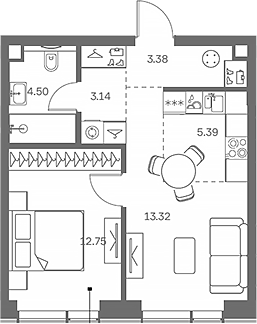 2-комн., 42.48 м², 29/41 этаж, ЖК «TATE»