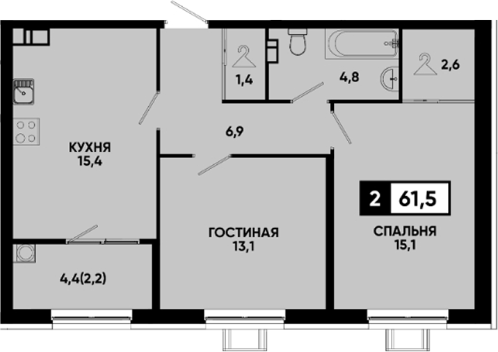 2-комн., 59.3 м², 11/12 этаж, ЖК «Квартал на курорте Моя Легенда»