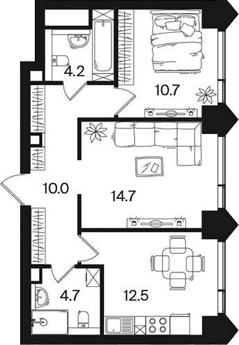 2-комн., 56.8 м², 10/44 этаж, ЖК «РАКУРС»