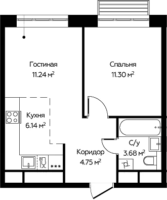 2-комн., 37.11 м², 20/22 этаж, ЖК «Новоград Павлино»