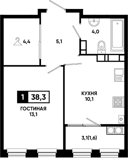 1-комн., 36.7 м², 15/18 этаж, ЖК «Резиденция Софи»