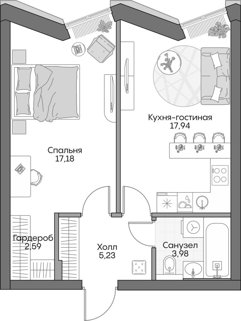 2-комн., 46 м², 11/16 этаж, ЖК «Инсайдер»