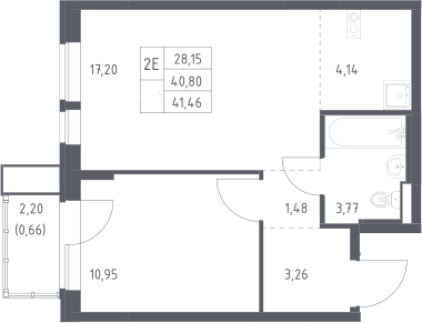 2-комн., 40.8 м², 10/17 этаж, ЖК «Квартал Авиаторов»