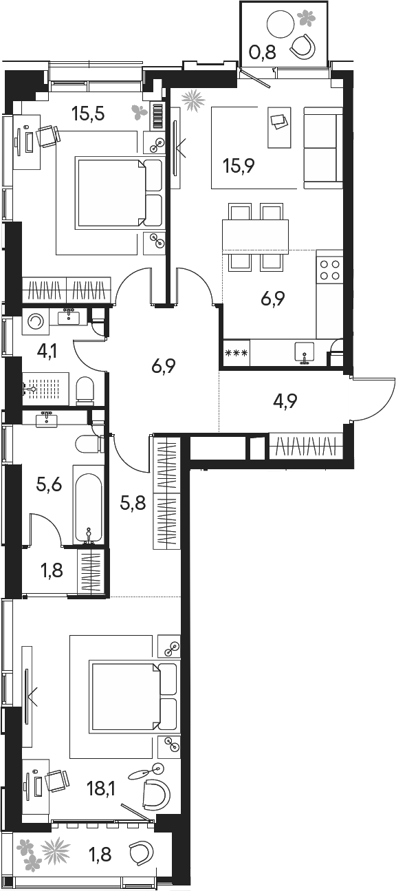 3-комн., 85.5 м², 18/19 этаж, ЖК «Клубный город на реке Примавера»