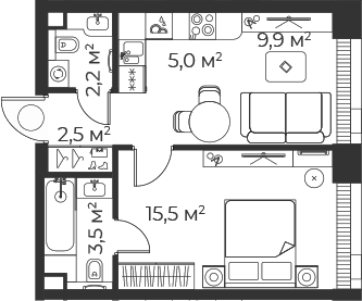 2-комн., 38.6 м², 55/71 этаж, ЖК «Веер»