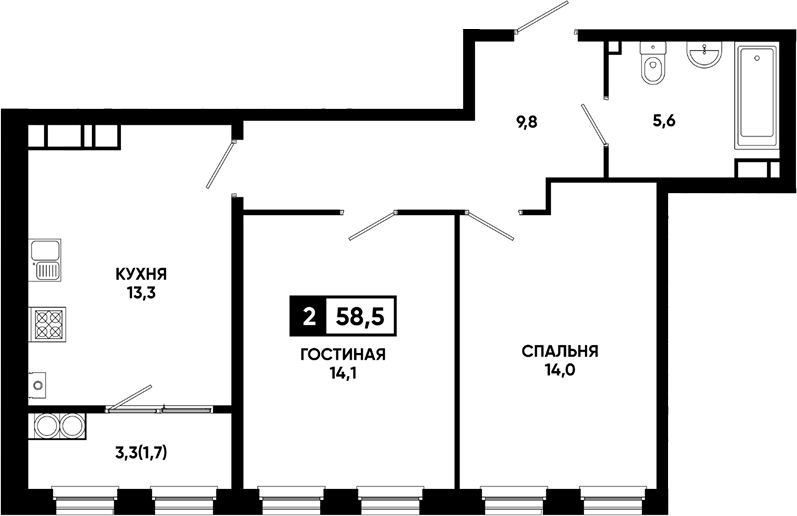 2-комн., 56.8 м², 13/18 этаж, ЖК «Резиденция Софи»