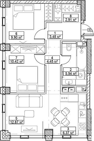 3-комн., 56.34 м², 24/48 этаж, ЖК «Сити Бэй»