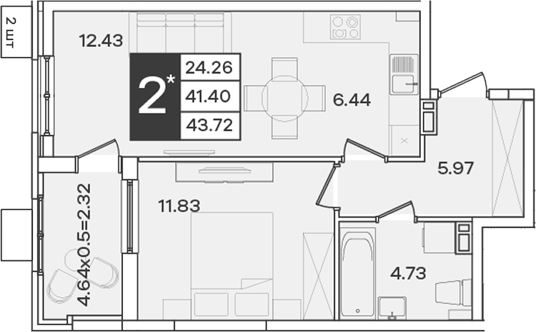 2-комн., 41.4 м², 8/18 этаж, ЖК «Сюжеты»