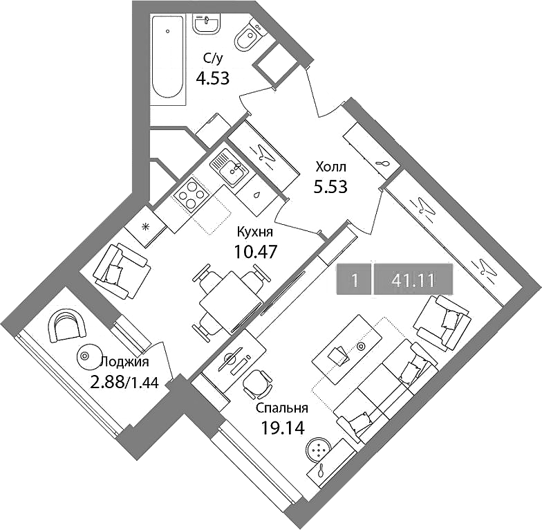1-комн., 39.67 м², 17/17 этаж, ЖК «Планерный квартал»