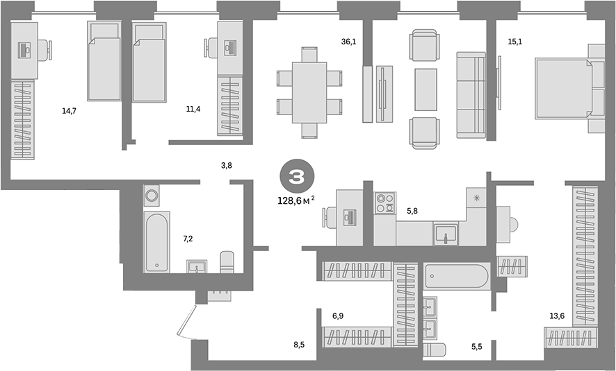 3-комн., 128.6 м², 4/24 этаж, ЖК «Метроном»