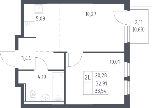 2-комн., 32.91 м², 11/17 этаж, ЖК «Пригород Лесное»