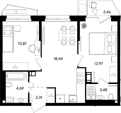 3-комн., 52.76 м², 6/8 этаж, ЖК «Парк Победы 3»