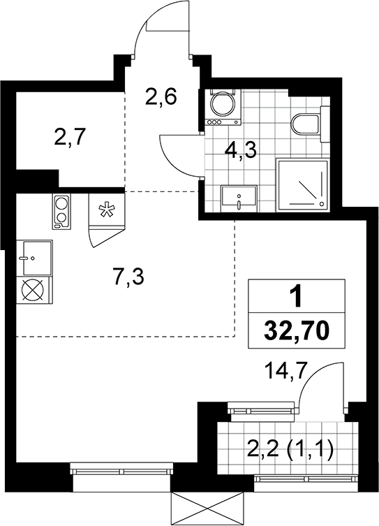 Студия, 31.6 м², 7/8 этаж, ЖК «Дзен-кварталы»