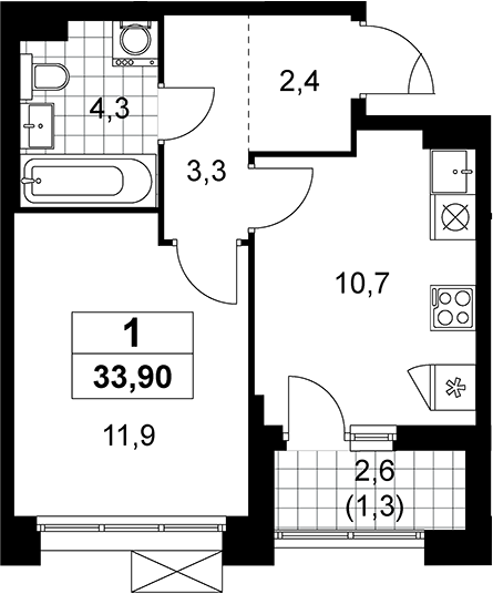 1-комн., 32.6 м², 12/19 этаж, ЖК «Прокшино»