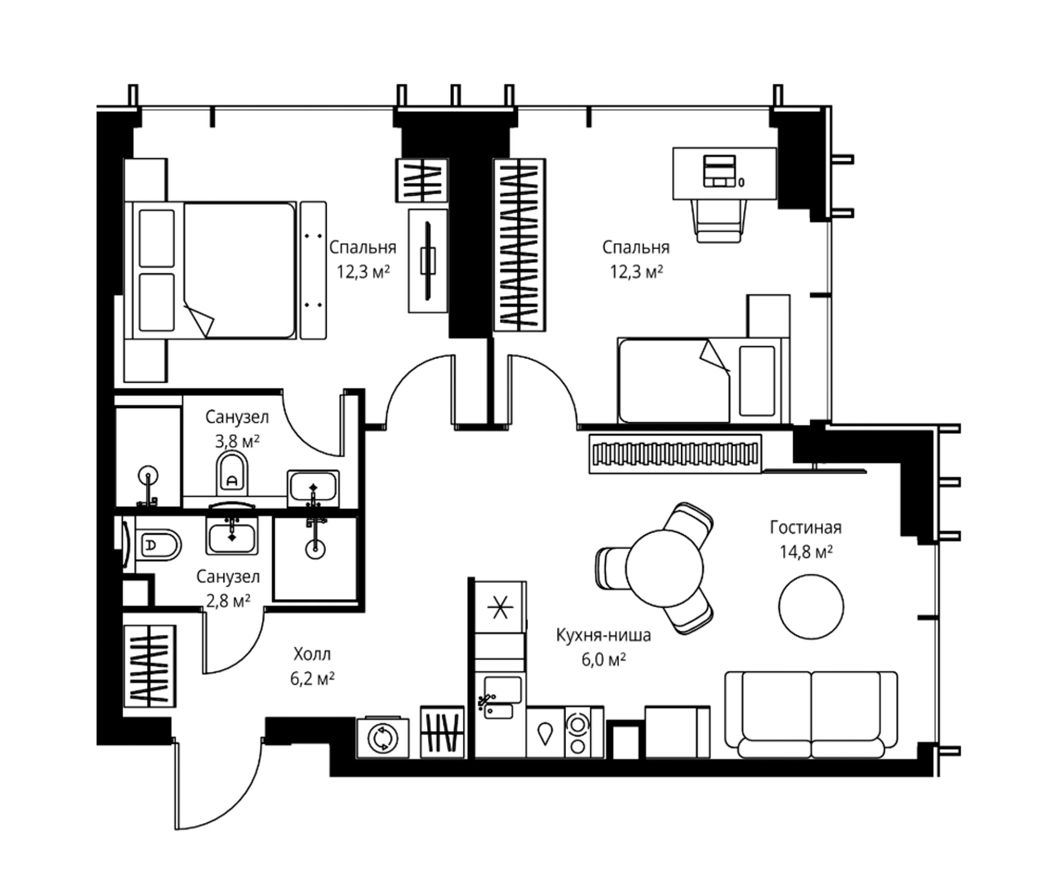 3-комн., 58.2 м², 33/59 этаж, ЖК «Веер»