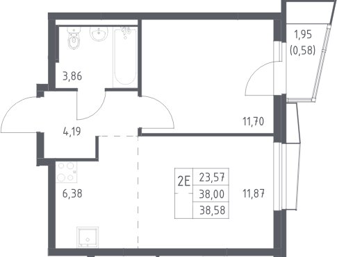 2-комн., 38 м², 24/24 этаж, ЖК «Квартал Авиаторов»