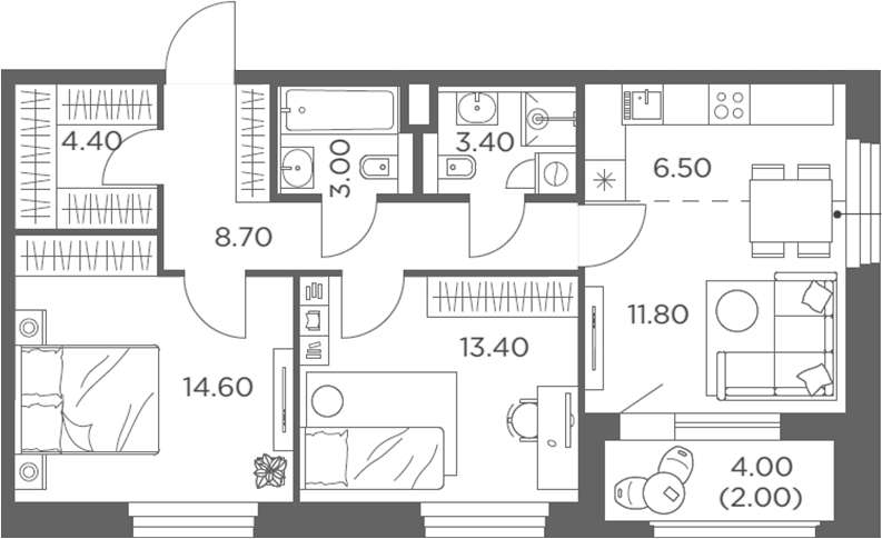 3-комн., 65.8 м², 18/20 этаж, ЖК «Белый Град»