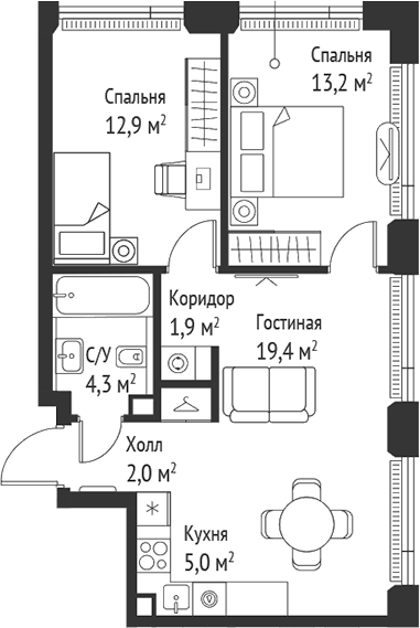 3-комн., 58.8 м², 45/52 этаж, ЖК «СЕТ»
