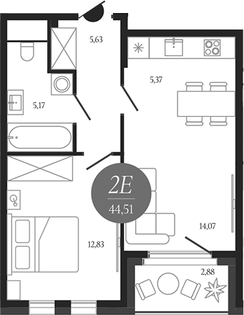 2-комн., 43.07 м², 3/18 этаж, ЖК «Сердце Лыткарино»