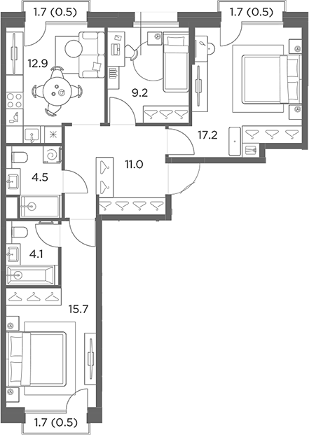 3-комн., 74.6 м², 4/6 этаж, ЖК «Станиславский»