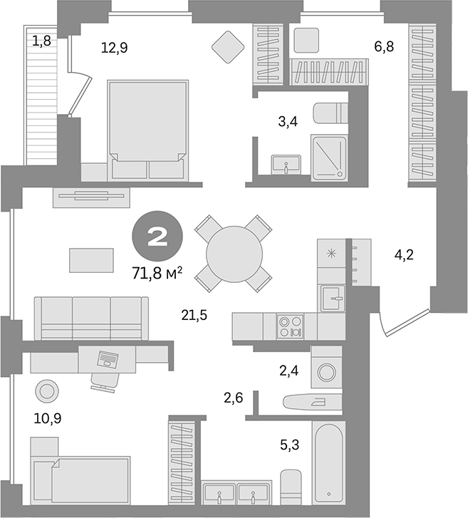 2-комн., 70 м², 13/17 этаж, ЖК «Первый квартал. Вторая очередь»