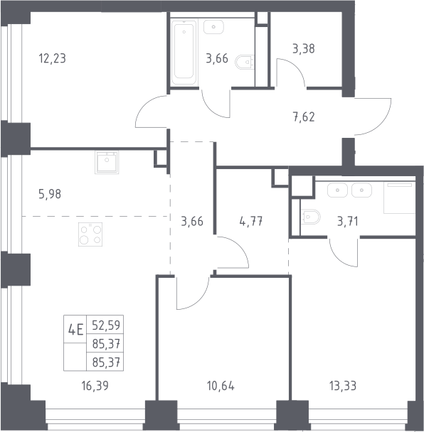 4+ комнаты, 85.37 м², 12/40 этаж, ЖК «НОВА»